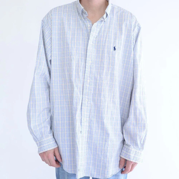 90S Ralph Lauren Yarmouth 100% Cotton Pinpoint Oxford Blue  & Yellow Plaid Shirt - Picture 1 of 12